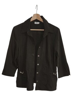 Ilyza Petite Button Front Shirt Jacket 3/4 Sleeve Dark Olive Green Silver Detail